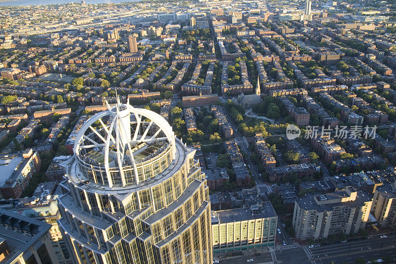 Boston rooftops with 111 Huntington Avenue in foreground